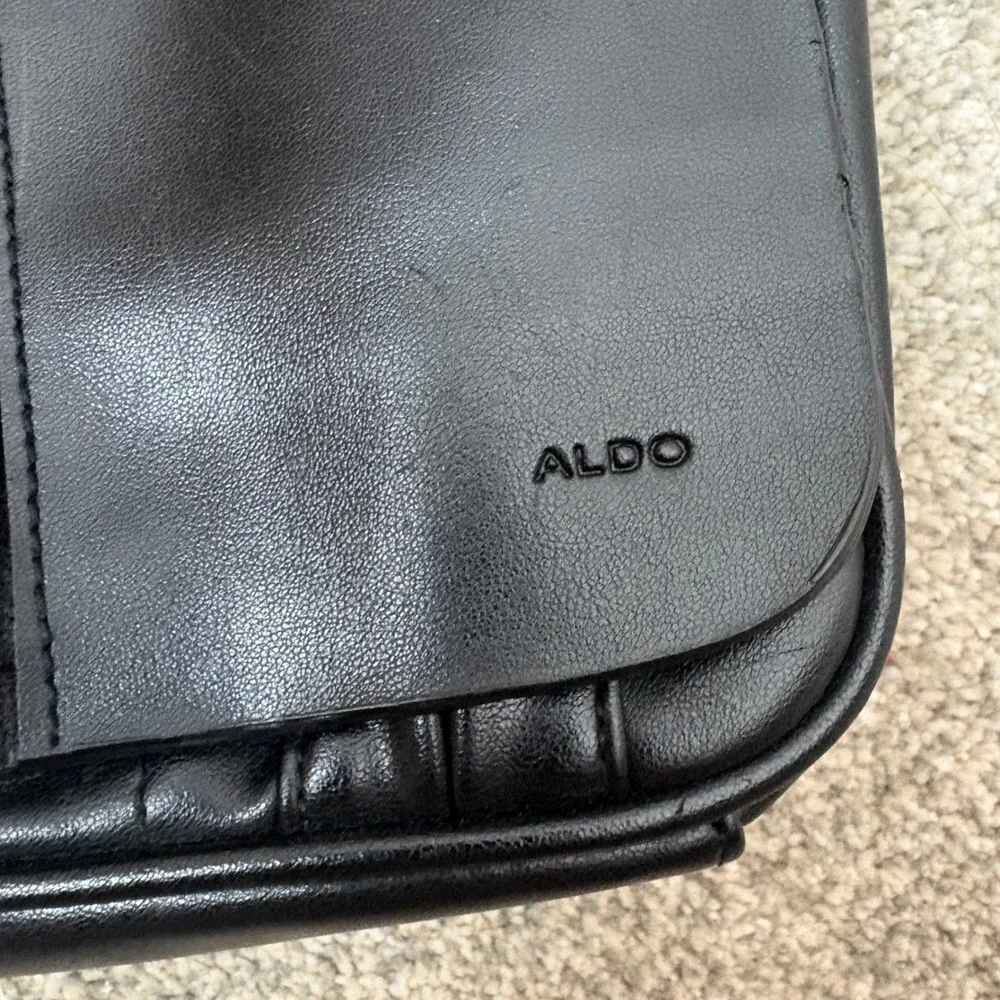 90s Aldo Black Faux Leather Crossbody Bag Messenger Flap‎ Striped Lining Purse